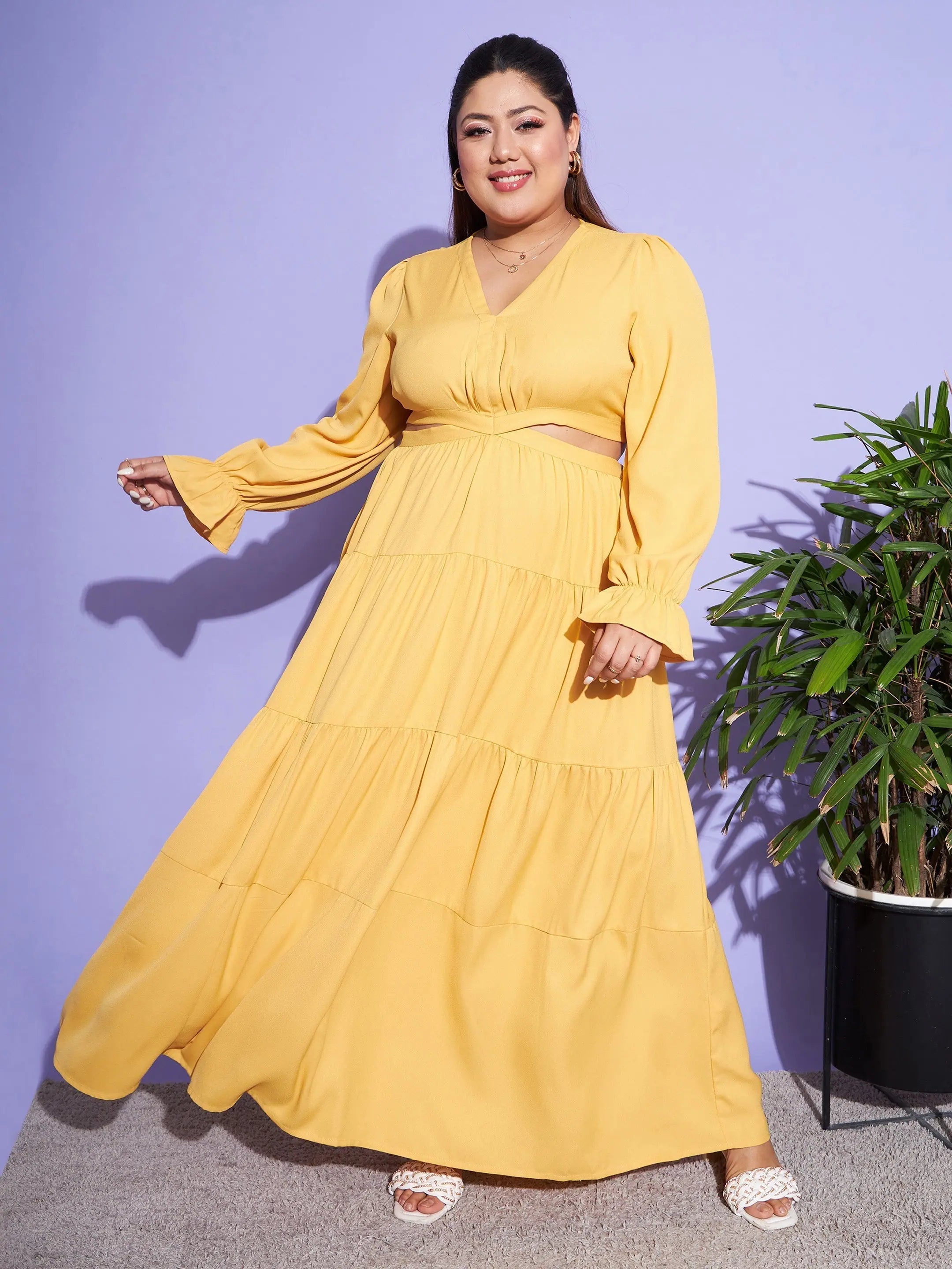 Elegant Styles Women Mustard Solid Waist Cut-Out Maxi Dress