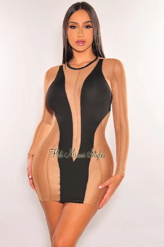 Elevate Your Wardrobe Black Nude Mesh Sheer Long Sleeve Mini Dress