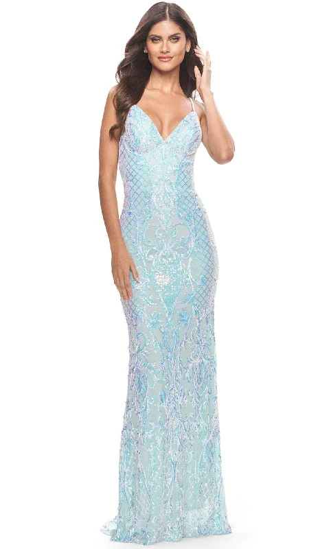 Online Boutiques La Femme 31547 - V Neck Empire Lattice Gown