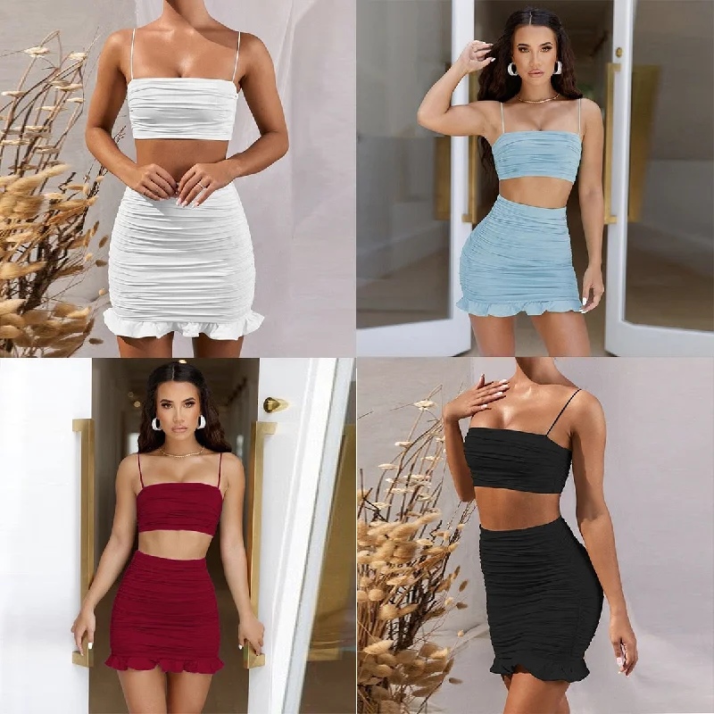 Fashion Women's Clothing Mini Dress Women Two Pieces Split Falbala Hip Warp Club Dresses Hanging Strip Slash Neck Sexy Strapless Plicated Summer Beach