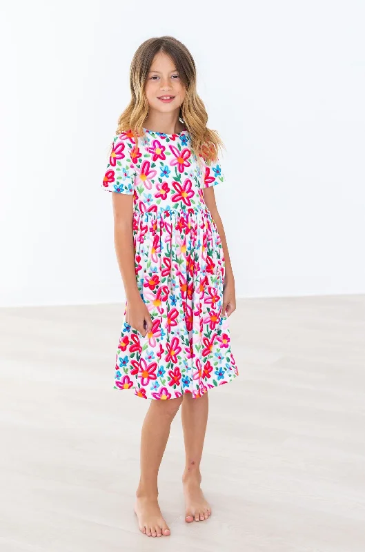 Minimalist Style Neon Floral S/S Pocket Twirl Dress