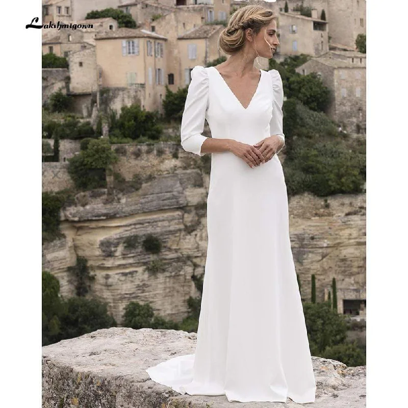 Casual Fashion Roycebridal Wedding Dresses Satin Simple V Neck Backless