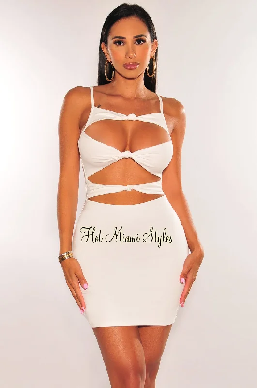 Quality Wear White Spaghetti Straps Knotted Cut Out Mini Dress