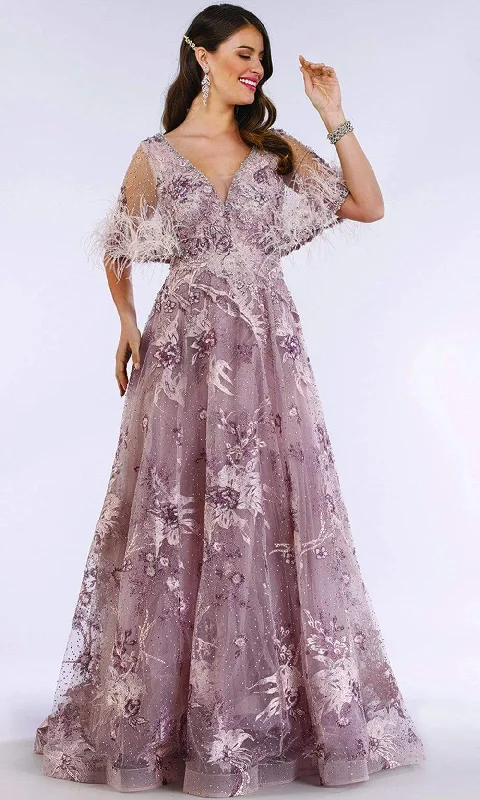 Sophisticated Outfits Lara Dresses - 29622 Feathery Sheer Cape Sleeve Embellish A-Line Gown