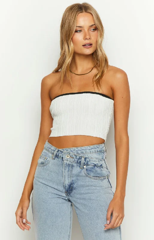 Relaxed Style Pia White Contrast Bind Knit Tube Top