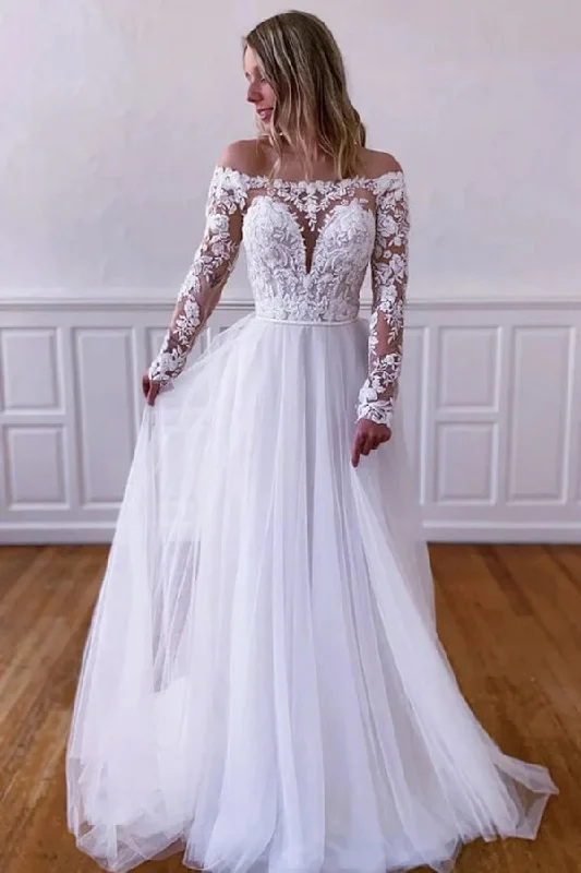 Trendy Outfits For Girls Roycebridal White Tulle Lace A-line Long Sleeves Wedding Dresses, Wedding Gowns, MW816