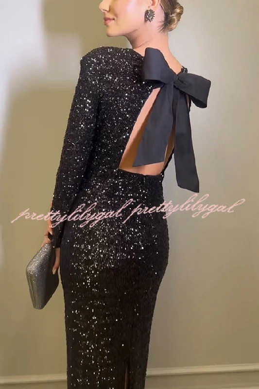 Vibrant Femme Fashion Looking To Party Sequin Padded Shoulder Backless Bow Design Maxi Dress