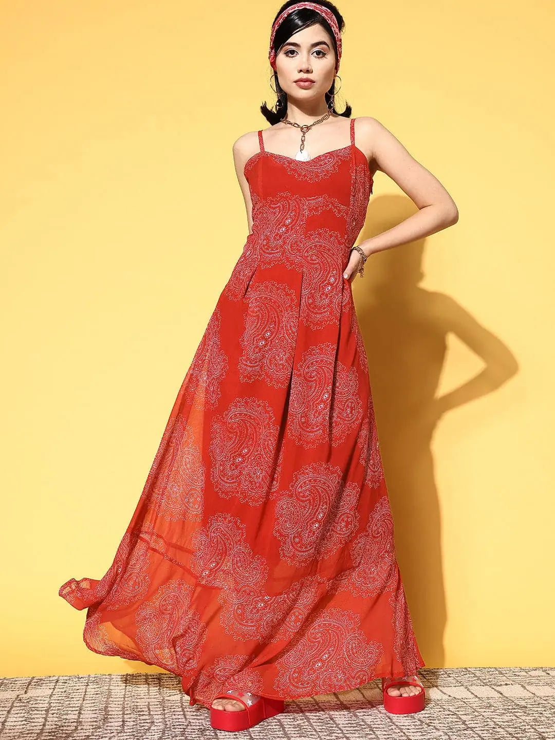 Best Online Boutiques Women Red Paisley Box Pleat Strappy Maxi Dress