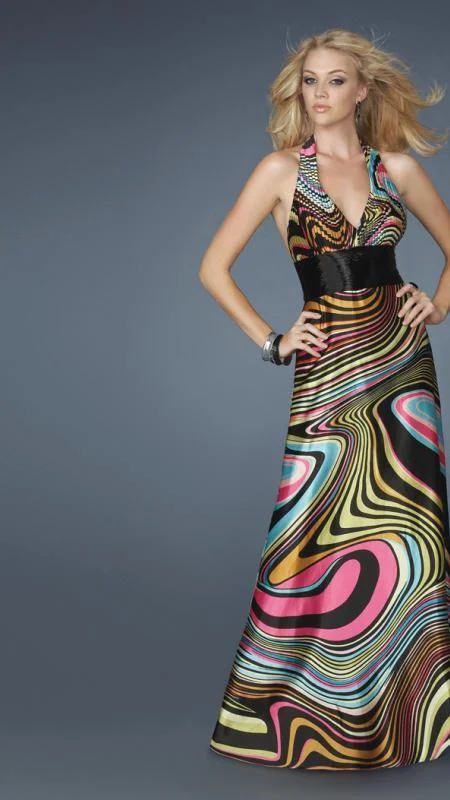 Timeless Classics La Femme - 14369 Long Haltered Gown in Optical Multi-color Print