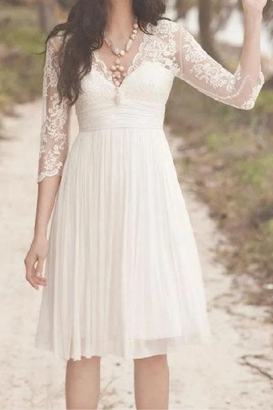 Elegant Fashion Roycebridal White A Line Vintage Knee Length 3/4 Sleeve Lace Wedding Dresses, MW248