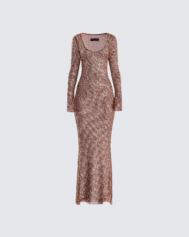 Relaxed Fashion Ewa Brown Rhinestone Maxi Dress