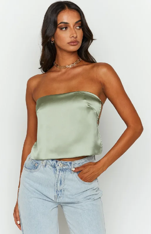 Chic Trends For The Fashion Savvy Ibiza Olive Satin Strapless Top