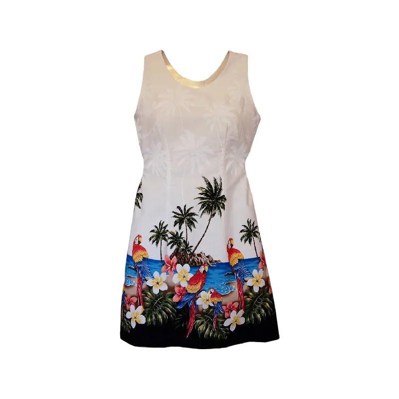 Sale Clearance Parrot-Dise White Short Hawaiian Tank Floral Dress