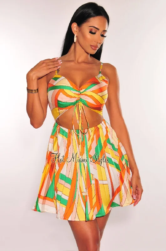 Trend Driven Wardrobe Yellow MultiColor Print Spaghetti Strap Ruched Cut Out Pleated Mini Dress