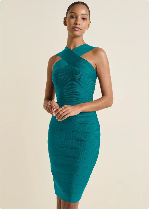 Tailored Clothing For Women Cross-Neck Bandage Dress - Teal