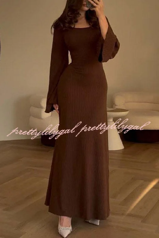 Holiday Gift Guide Sale Comfortable Elegance Ribbed Bell Long Sleeve Stretch Maxi Dress