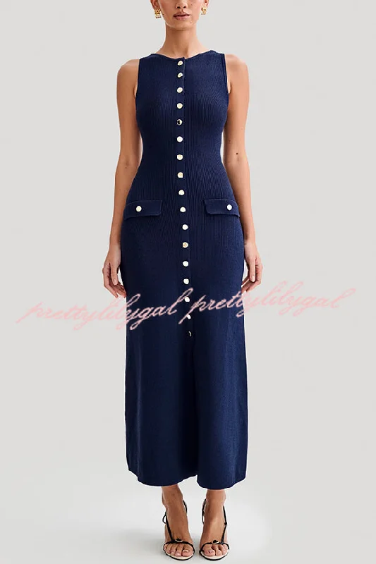 Sale On Sale Solid Color Slim Fit Crew Neck Button Up Sleeveless Knitted Maxi Dress