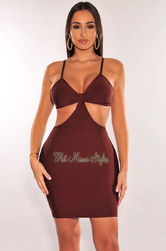 Timeless Elegance Redefined Chocolate Bandage Spaghetti Straps Knotted Cut Out Mini Dress