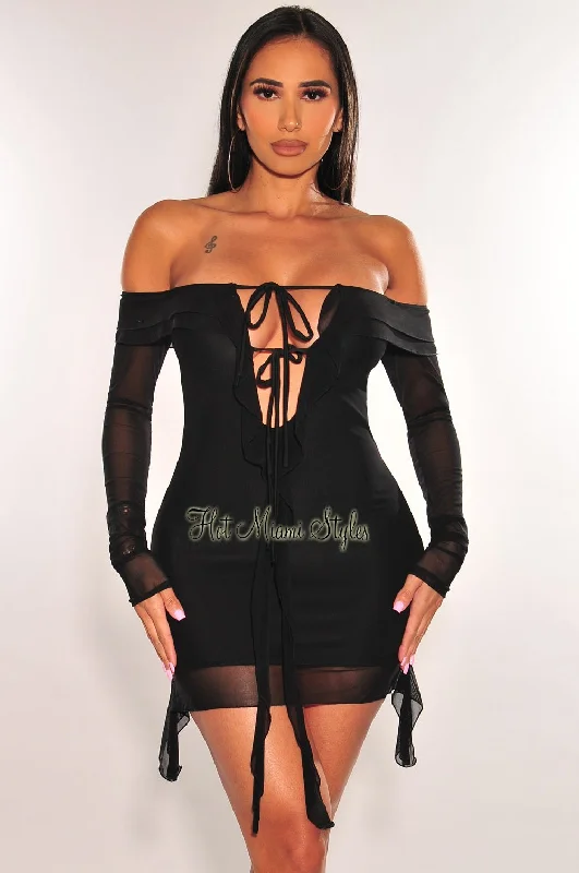 Style Redefined Black Mesh Off Shoulder Tie Up Long Sleeve Ruffle Mini Dress