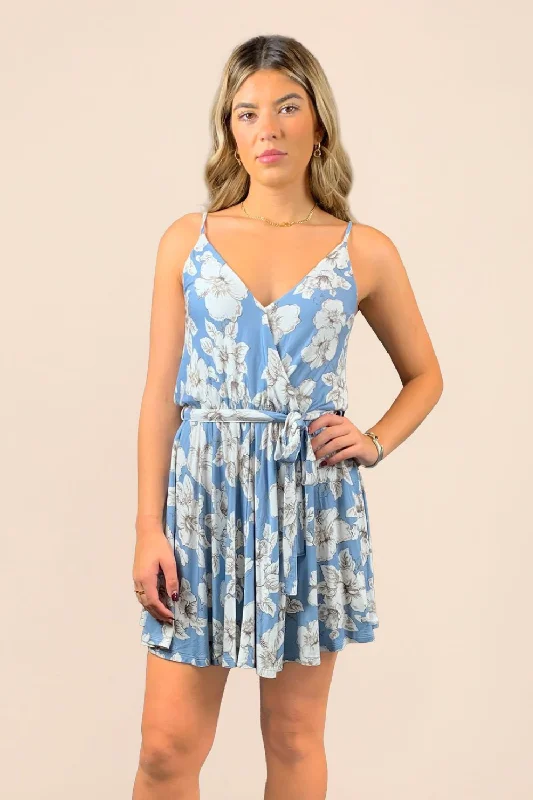 Casual Chic Blue Tropical Floral Wrap Bodice Dress