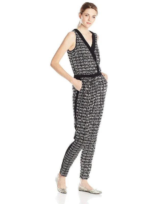 Comfortable Loungewear for Women Adrianna Papell Sleeveless Crossover Graphic Jumpsuit 16PD10320 - 1 pc Ivory Black In Size 8 Available