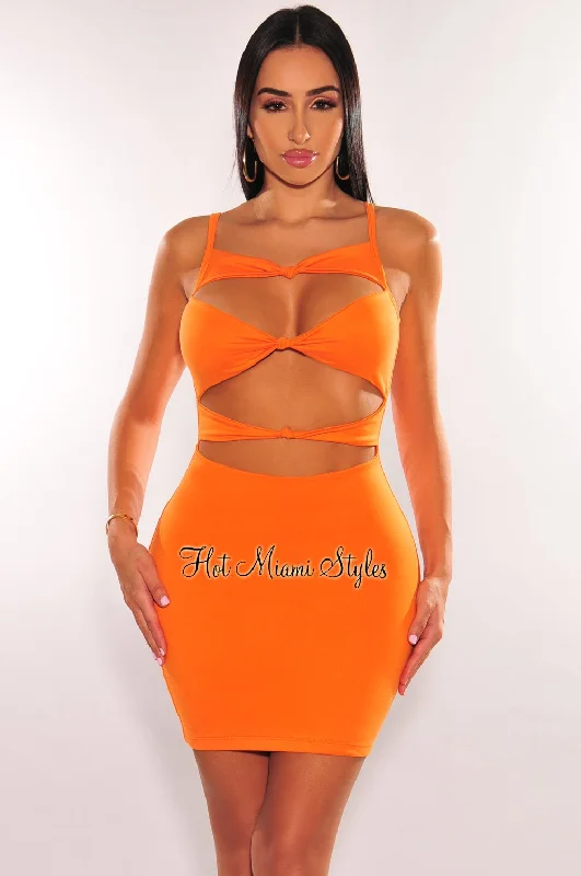 Durable Fashion Picks Tangerine Spaghetti Straps Knotted Cut Out Mini Dress