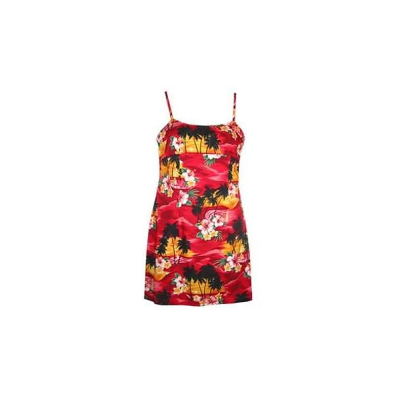 End Of Season Sale Clothing Sunburst Red Short Hawaiian Skinny Strap Floral Dress