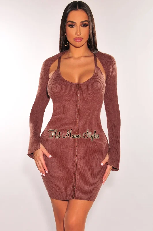 Evening Elegance Chocolate Ribbed Knit Spaghetti Straps Mini Dress + Shrug Jacket