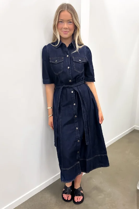 Luxe Women's Fashion Tia Denim Midi Dress Dark Blue