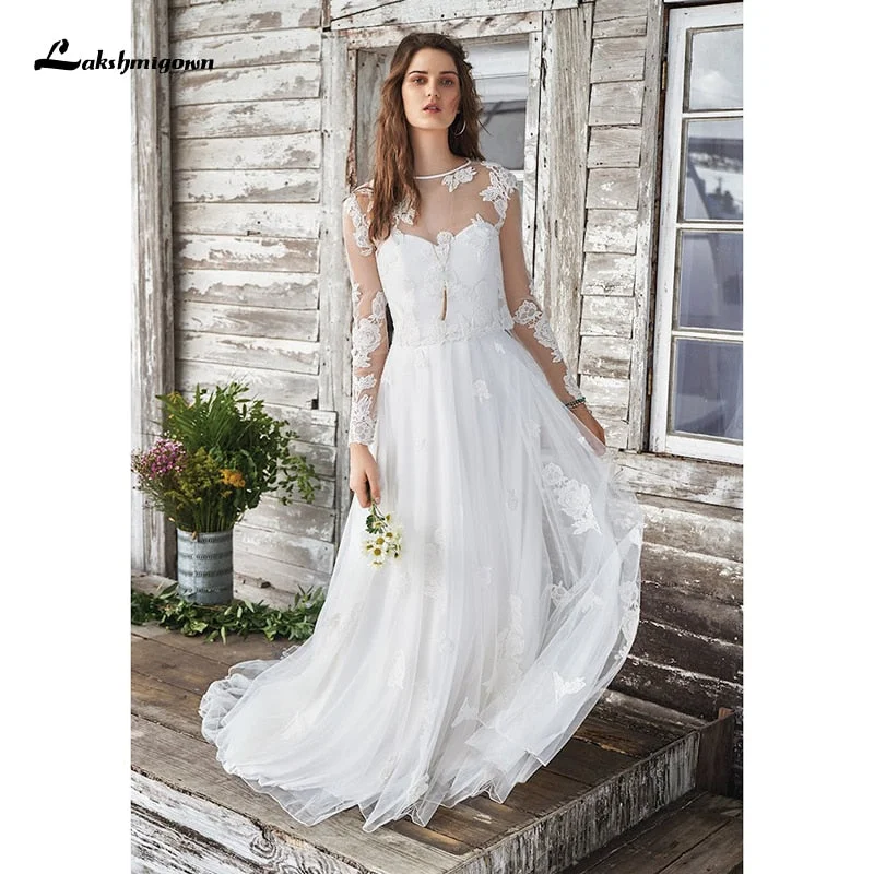 Women's Clothes Roycebridal White Wedding Dress Boho Two Pieces Sexy  Bridal Gown Sleeveless Floor Length With Court Train Lace Appliques Elegant