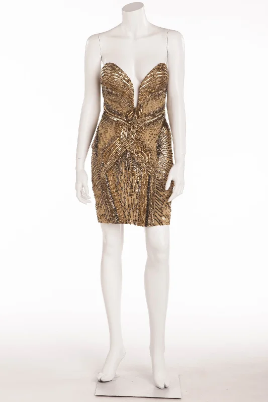 Premium Fabrics Roberto Cavalli - Gold Strapless Embellished Mini Dress -