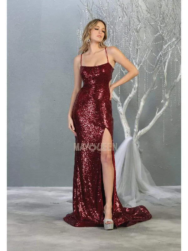 Online Clothing Stores May Queen - MQ1826 Sequined Lace Up Back High Slit Gown