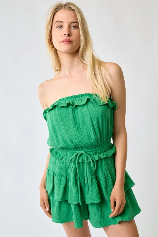 Evening Looks Short Strapless Tiered Ruffle Romper