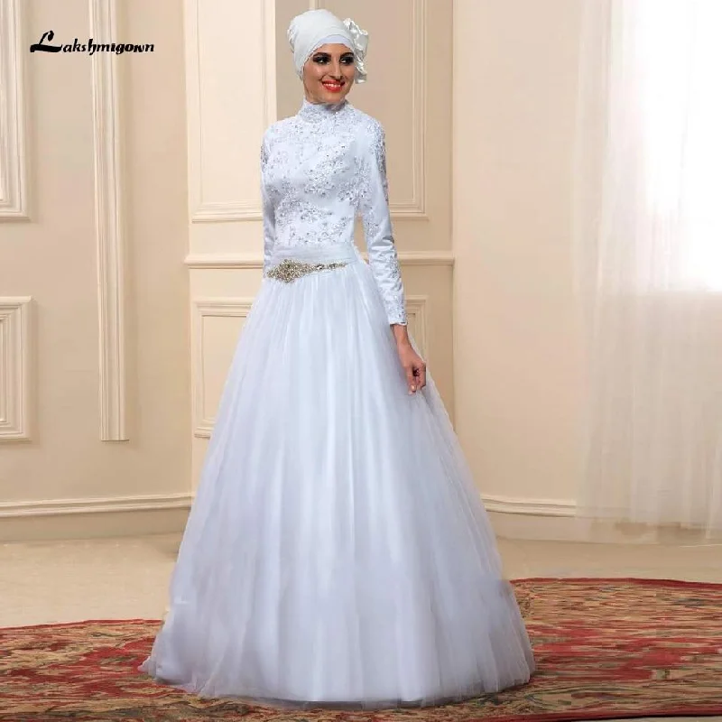 Women's Clothing Boutique Roycebridal White Muslim High Neck Wedding Dress Satin Long Sleeve