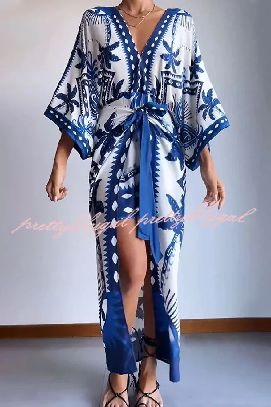 Fashionista Favorites Chic Palm Tree Ethnic Print Fake Two Piece Lace Up Maxi Dress