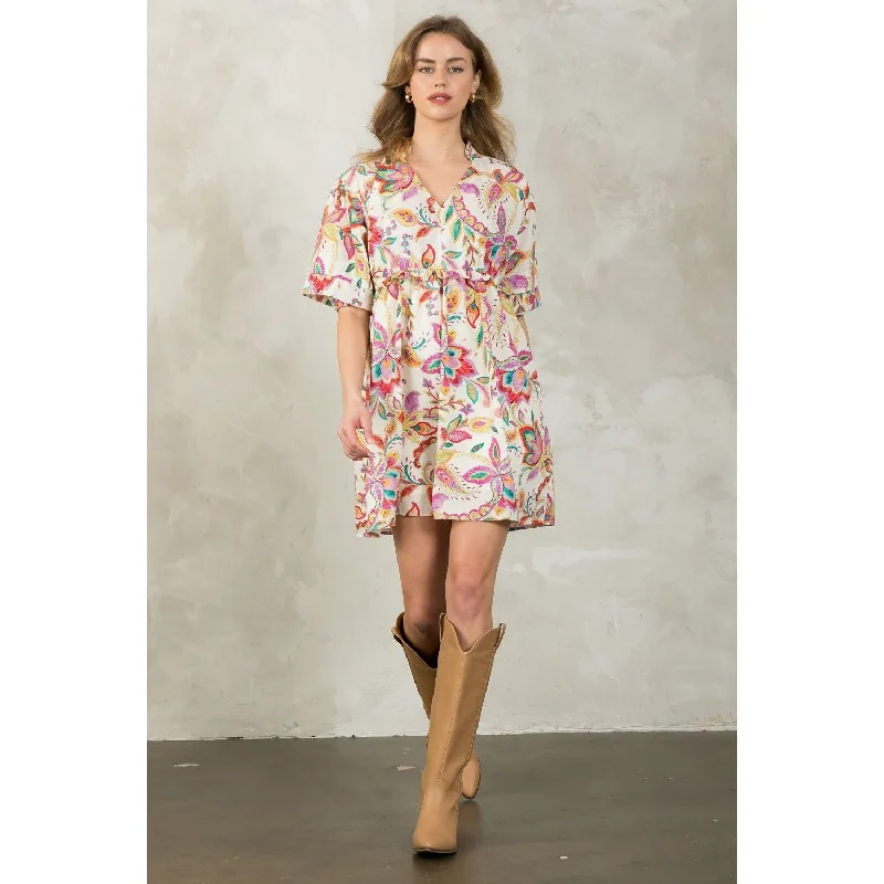 Laid-Back Elegance Monica Flutter Sleeve Floral Midi THML Dress-SALE