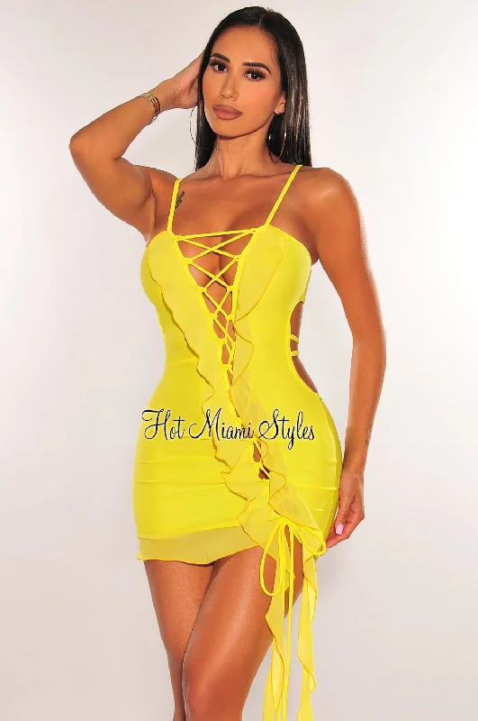 Comfort First Women's Fashion Yellow Spaghetti Straps Lace Up Ruffle Strappy Back Mini Dress