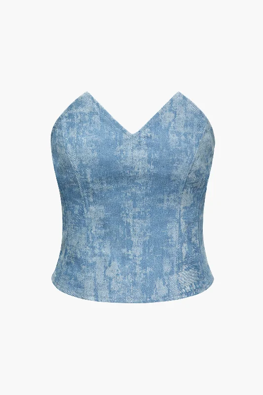 Unleash Your Trend Driven Style Tie Dye V-neck Denim Strapless Top