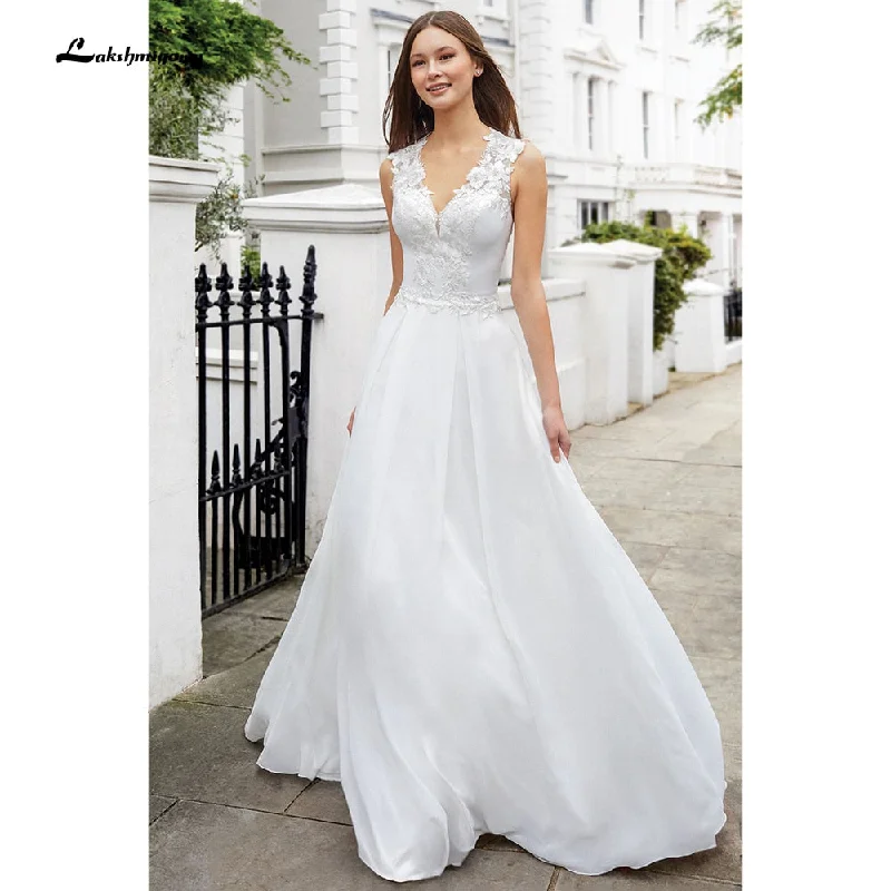 Special Occasion Wear Roycebridal vistidos de festa de casamento V Neck Sleeveless Lace Chiffon Wedding Dresses With Back Buttons vestido para boda playa