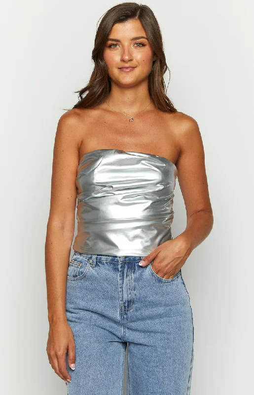 Cutting Edge Fashion Never There Silver Metallic Strapless Top