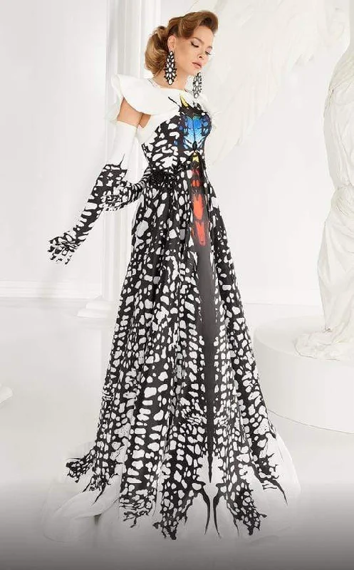 Trendy Women’s Outfits for Casual Wear MNM Couture - 2592 Flutter Sleeve Printed A-Line Gown