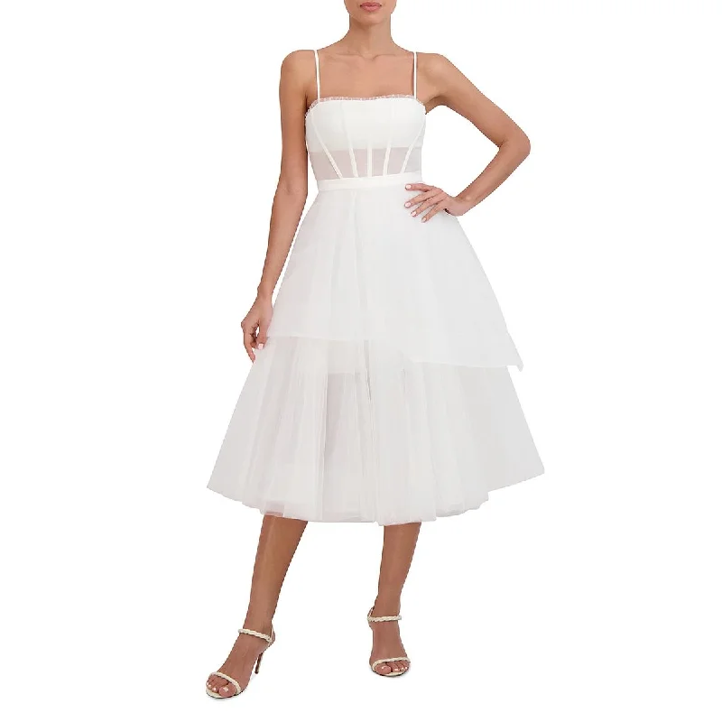 Fashion Forward BCBGMAXAZRIA Women's Tulle Tiered Sleeveless Midi Dress with Corset Bodice