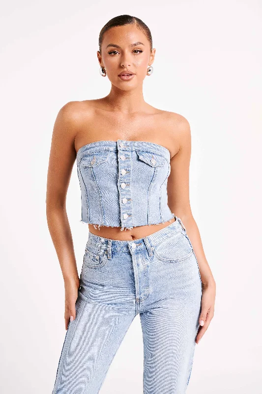 Trend Alert Sandy Buttoned Denim Tube Top - Mid Blue