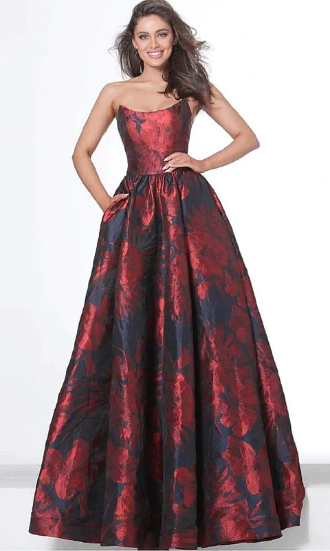 Women's Clothing Boutique Jovani - 03931 Strapless Scoop Bodice Floral Satin Gown