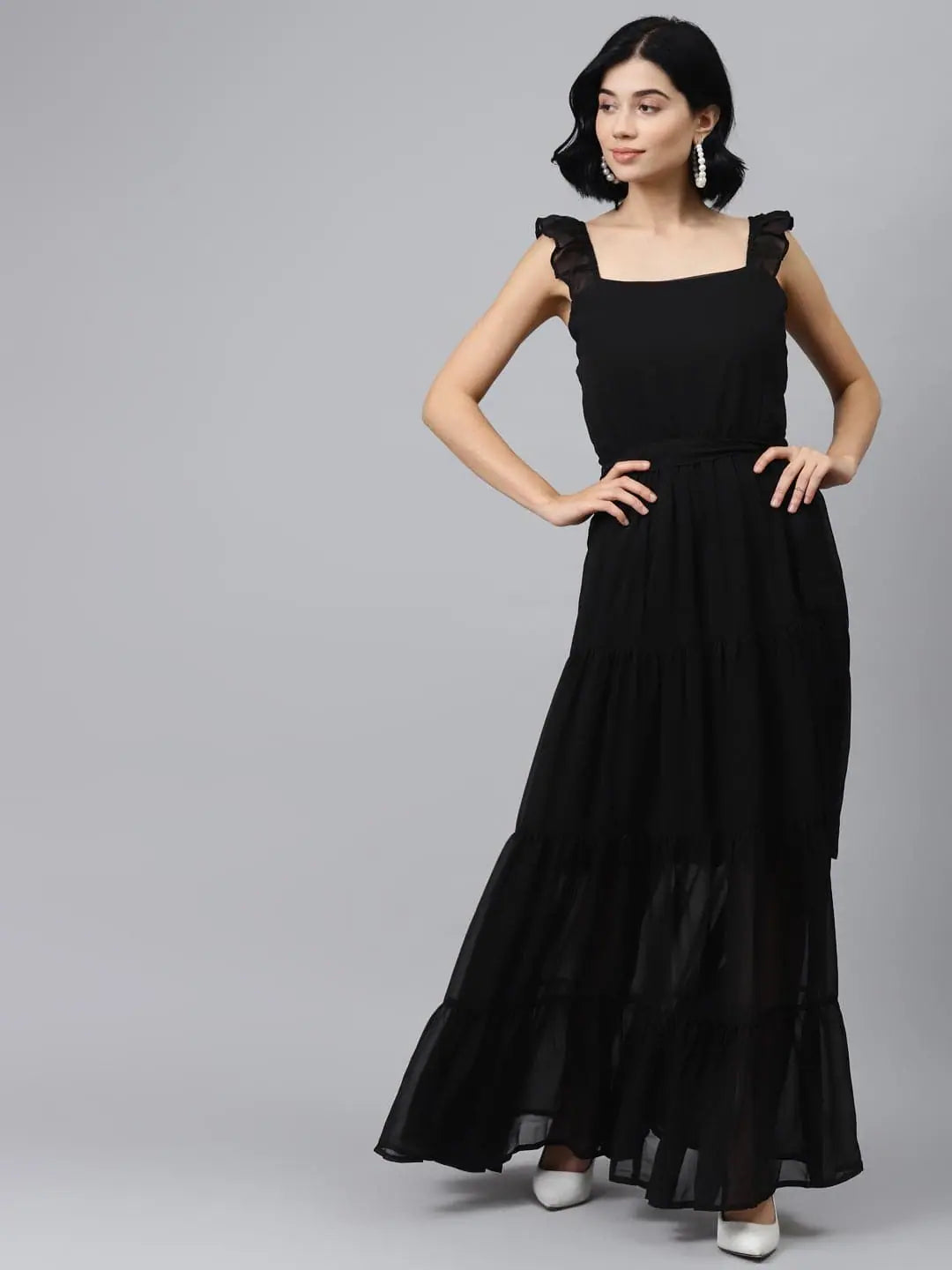 Laid-Back Elegance Black Frilly Straps Tiered Maxi Dress