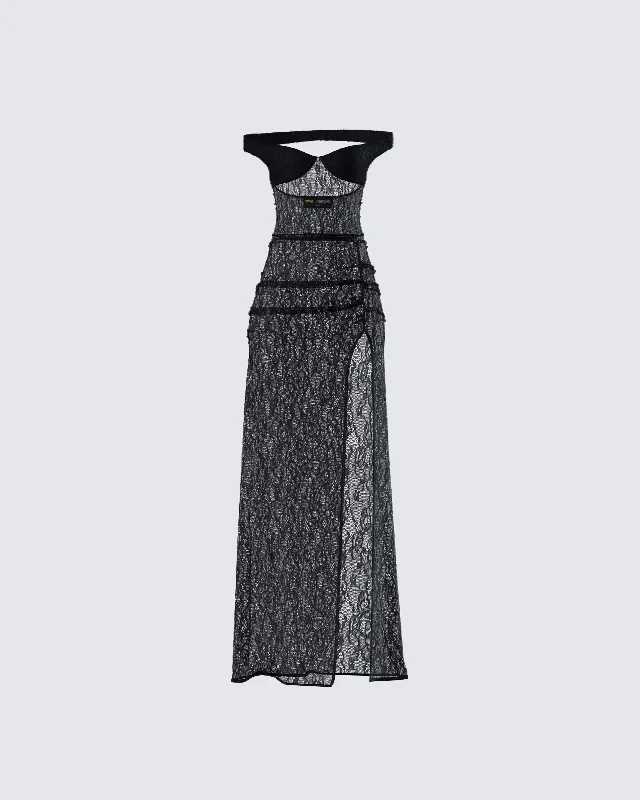 Valentine's Special Ludovica Black Lace Bardot Maxi Dress