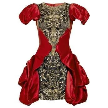 Everyday Fashion Original Alexander McQueen - As Seen on Beyonce - Short Sleeve Red Dress Embellished Bronze Front Mini Dress - IT 42