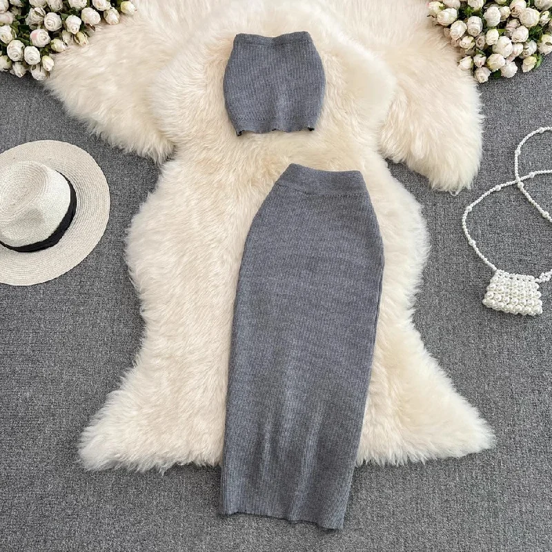 Woman Clothing Fashionable casual suit for hot girls sexy short tube top two-piece set knitted skirt      S4182