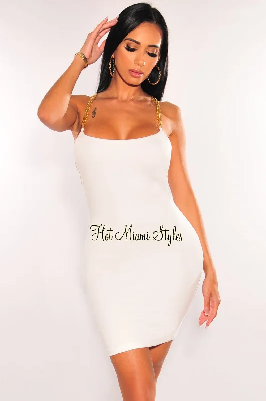 Seasonal Sale White Gold Chain Straps Cut Out Strappy Back Mini Dress