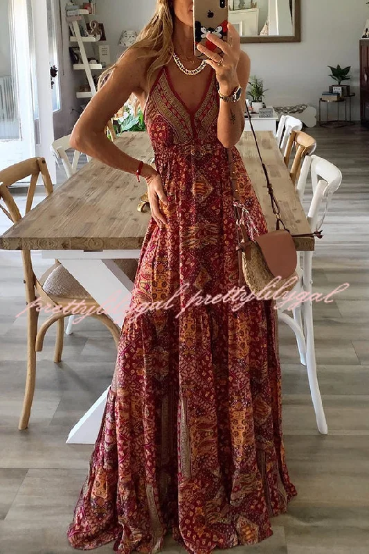 Outlet Clothing Celeste Boho Printed Strap Elastic Waist Maxi Dresses